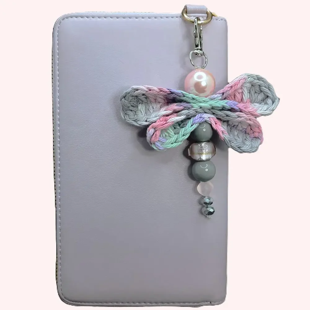 Crochet Winged Dragonfly Bag Charm Handmade Soft Pink Gray Beaded Purse Keychain